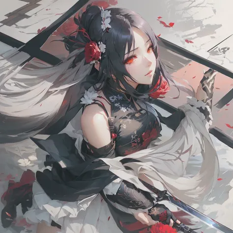 anime girl with a sword and a red rose in her hand, guweiz on pixiv artstation, from arknights, digital art on pixiv, zerochan art, guweiz on artstation pixiv, onmyoji portrait, guweiz, pixiv, artwork in the style of guweiz, beautiful anime artwork, onmyoj...