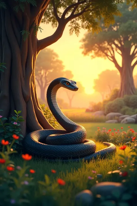 The Garden and Snake
"A peaceful rural garden at sunset, with tall trees and vibrant greenery. In the center, a sleek, venomous snake with dark, shiny scales rests coiled near a large tree trunk. The atmosphere is calm but slightly tense, with warm golden ...