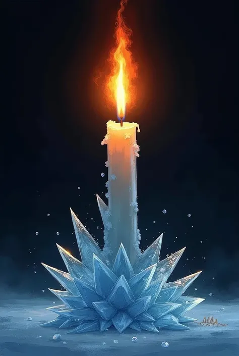 Illustration of a Candle A bold, upright candle with a strong, steady flame. And an ice in

Spiky, asymmetrical shapes, with frost forming sinister, claw-like patterns
Only one ice