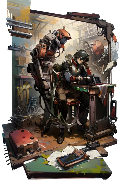 Absurd resolution, high resolution, (masterpiece: 1.4), hyper-detail, young man messy black short hair glasses welder dressed up, very technological robotic arm workbench