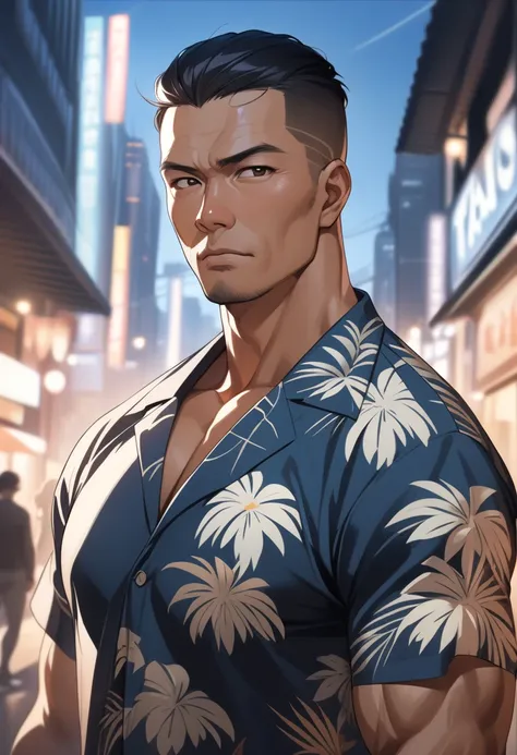 (Masterpiece, high resolution, best quality), solo, 1 male, 40-years old man, asian, tough guy, tanned skin, black hair, crew cut, black eyes, tall and muscular, aloha shirt, looking at viewer, upper body, cityscrape background