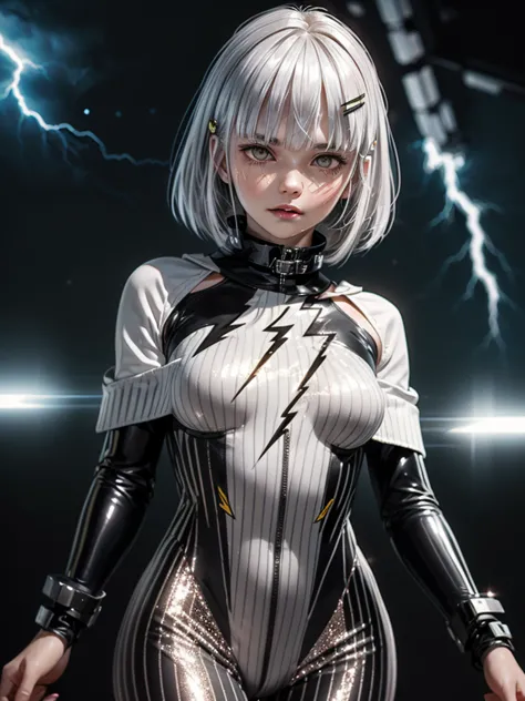 1girl, ((pale white skin)), glowing silver glitter, (((glitter on cheeks))), white hair, white bob, blunt bangs, (grey eyes), bored expression, cybernetic hair clips, ((dark pinstripe bodysuit)), flat chest, small breasts, large ((black sci-fi poncho)), ((...