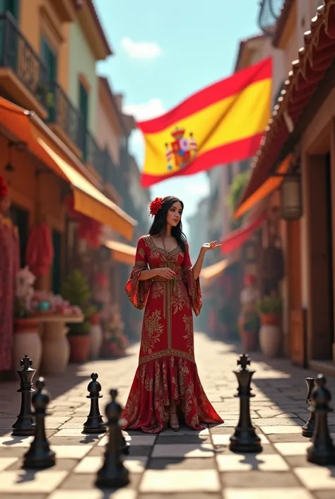 (photorealism:1.2), I want to make a cover for a YouTube video about the Spanish opening . The image must have a female teacher explaining the moves in a Spanish clothing plaza and must have the Spanish flag highlighted. There must be chess pieces in the i...