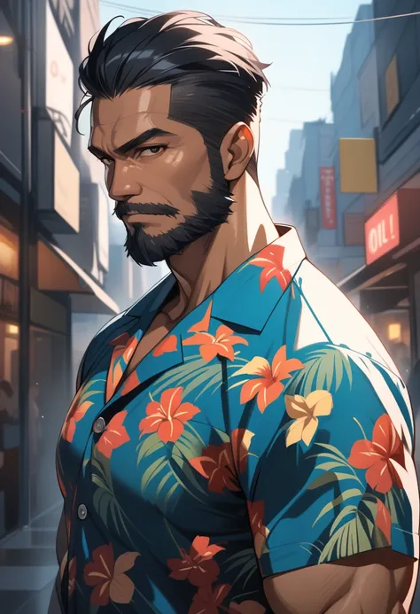 (Masterpiece, high resolution, best quality), solo, 1 male, 40-years old man, tough guy, tanned skin, black hair, crew cut, black eyes, beard, tall and muscular, aloha shirt, looking at viewer, upper body, cityscrape background