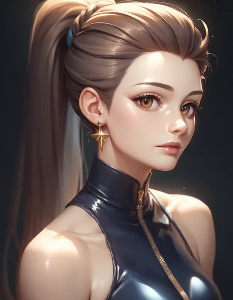 female indigo sleeveless latex turtleneck, bare shoulders, racerback, bare toned arms, beautiful face, brown ponytail with showing forehead, long ponytail, black earrings, soft smooth skin, pale skin, black background, brown eyes, sci-fi, high contrast