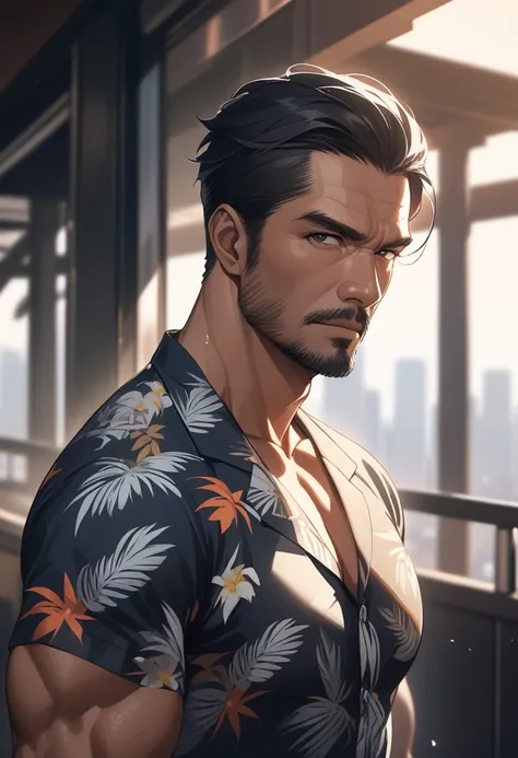 (Masterpiece, high resolution, best quality), solo, 1 male, 40-years old man, tough guy, tanned skin, black hair, crew cut, black eyes, tall and muscular, aloha shirt, looking at viewer, upper body, cityscrape background