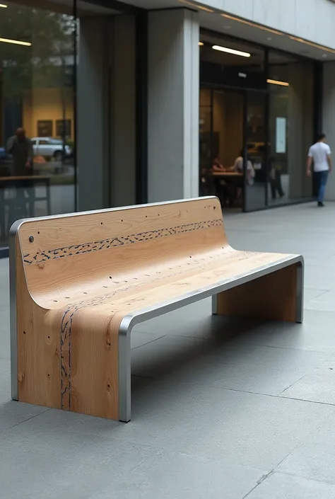 Modern ergonomic (comfortable for human body, legs and back) creative industrial design bench for public spaces made by bauhaus school of design but make it more unique and creative