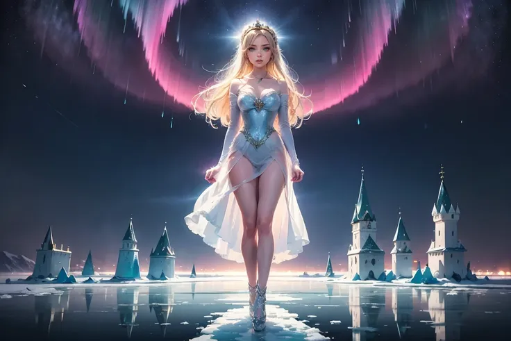 1 Woman, Highly Detailed, High Quality, 8K, Photorealistic, Masterpiece, Digital Illustration, Princess Aurora Standing on a Frozen Lake, Ice Castle, Rainbow Colored Aurora in the Night Sky, Dramatic Lighting, Movie Like, bright colors, shining, fantastic,...