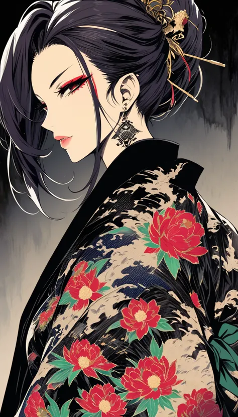  super detailed:1.3, Extremely delicate and detailed face :1.3, ( absurd, Texture, masterpiece),  pixiv contest winner with a star on his head, Ink painting, by Moronobu Hishikawa, dynamic manga-style illustration of yakuza lady, Japanese Irezumi tattoo of...