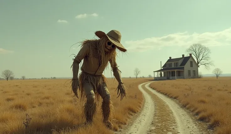 Create a scared scarecrow in a straw hat size of a normal person in the middle of the field with your head down on the side of the road and deep inside a house 