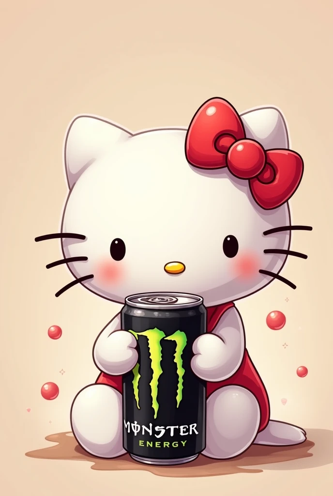 (Amazing. Super high quality. So beautiful. Super detailed. Perfect face. Perfect eyes. Perfect anatomy. A masterpiece. Incredible.) 2D, Japanese animation cel. Hello Kitty sitting holding a can of MONSTER energy drink.