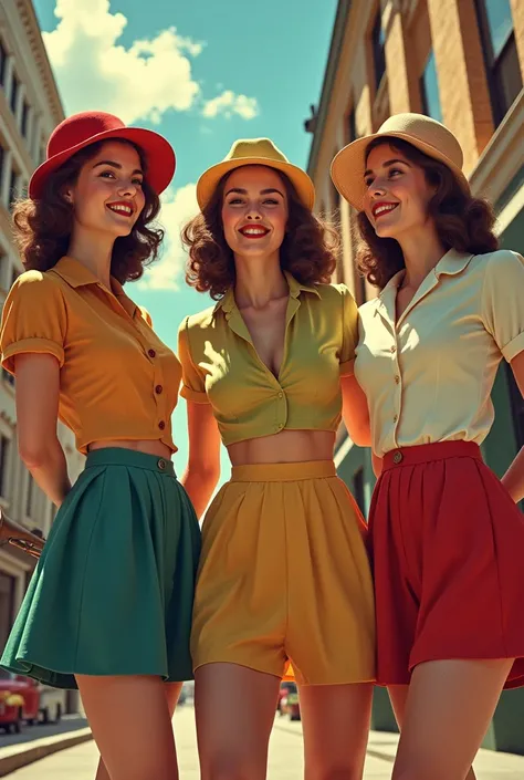 Album cover: Three girls with a trumpet in the background, having fun while listening to electroswing music, dressed in 40s style