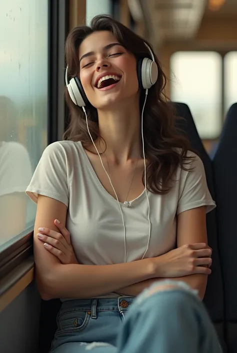 Create an woman who is beautiful and sing song. Background is very simple like travel with train and the girl is smile and non-clamer also she should wear jeans and t-shirt and waer earphones 