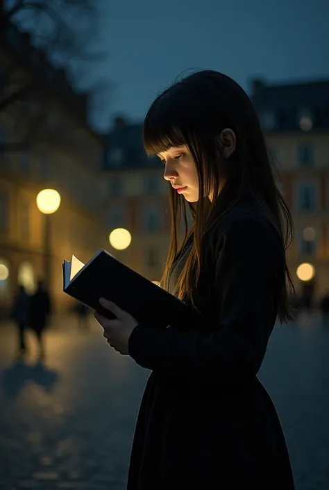  A girl in a square dressed in black ,  at night and reading a book .  The night must be dark and dark  , without stars . A yellow light that is in the square will illuminate the girl . The girl must have a little long hair and a short wash does not have t...