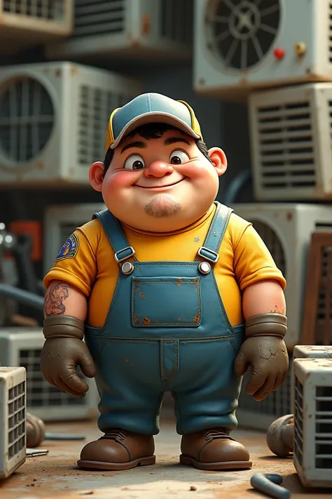 A fat, short, cute mechanic like a wrench box with a pile of air conditioners behind him.