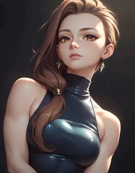 female indigo sleeveless latex turtleneck, bare shoulders, racerback, bare toned arms, beautiful faces, brown ponytail with showing forehead, long ponytail, black earrings, soft smooth skin, pale skin, black background, brown eyes, sci-fi, high contrast