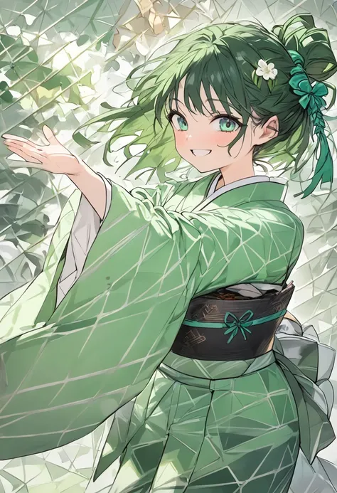 masterpiece,  best quality , girl、 Young、Small breasts、Petite、 girl、((Medium hairstyles with charcoal))、((break))、((Green Eyes:1.2))、(  beautiful eyes )、(( large green ribbon in the hair knot:1.35))、(Green kimono)、( Embarrassing yet triumphant look )、((bre...