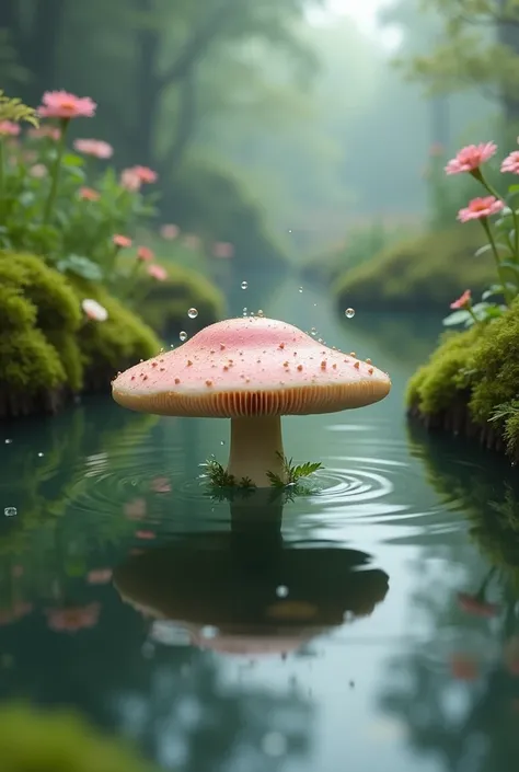 create a photo of the poem about the floating cake of the spring mushroom lake