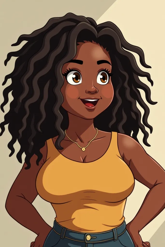  a teacher, brown skinned,  brown eyes , cabelo dreads, 45 years old,  a bit chubby.  She has her mouth half open as if she were talking.  The angle of the image is from her bust upwards . This in the form of a cartoon 