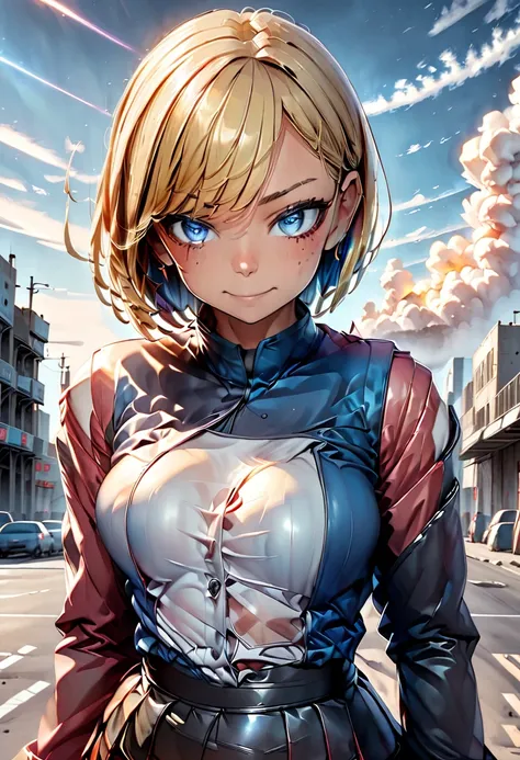 (( best quality)), ((masterpiece)), ( Details),  anatomically correct body shape、Well-proportioned body type、Correct leg position、Correct hand position、High school girl、Blue Eye、Blonde Bob Cut、Mature face、 Small Breasts、Big ass、Metallic light red purple fu...