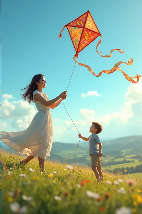 The girl fliying the kite with boy. Age 25 years old