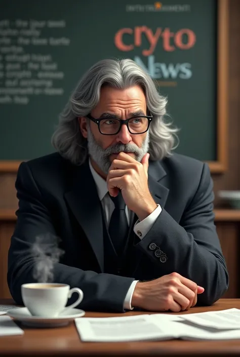  A gray-haired handsome man with long hair and a beard with glasses is sitting at the table looking directly into the lens..  There are pieces of paper  , there is a cup of coffee  .  on the table in the background CRYPTO News lettering a little bit of col...