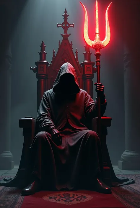 Hooded Figure sitting alone in the shadows on a throne holding a large glowing red trident on his right arm