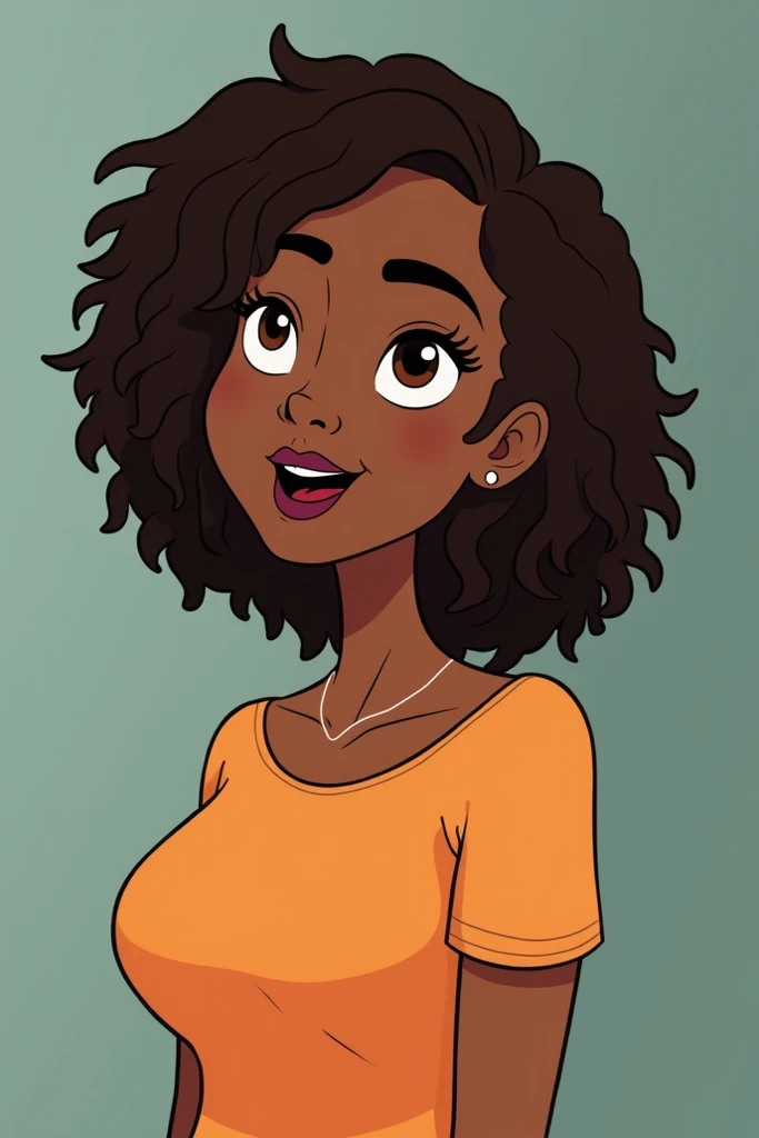  a teacher, brown skinned,  brown eyes , cabelo dreads, adult,  a bit chubby.  She has her mouth half open as if she were talking.  The angle of the image is from her bust upwards . This in the form of a cartoon 