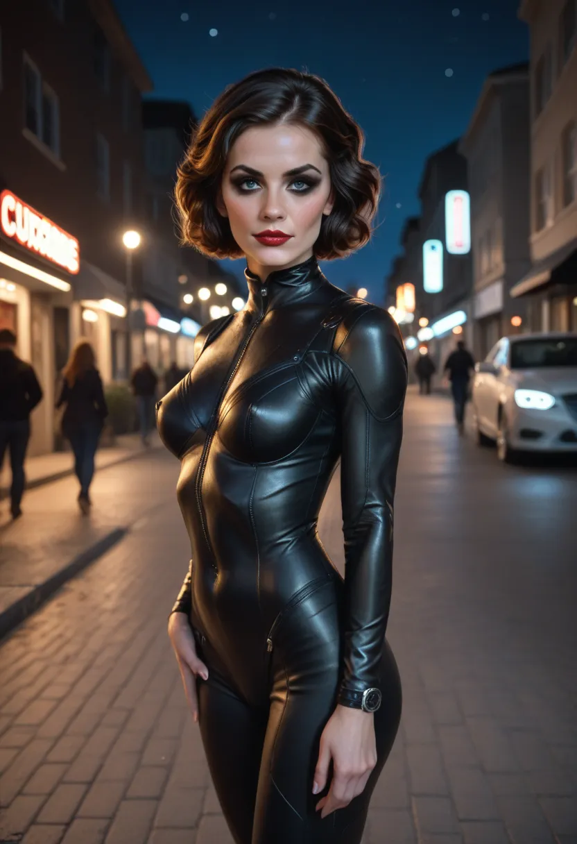 extremely detailed , very sharp,  best quality,  woman ,  sophie thatcher's face ,  black rider latexsuit,  tall and slim build ...