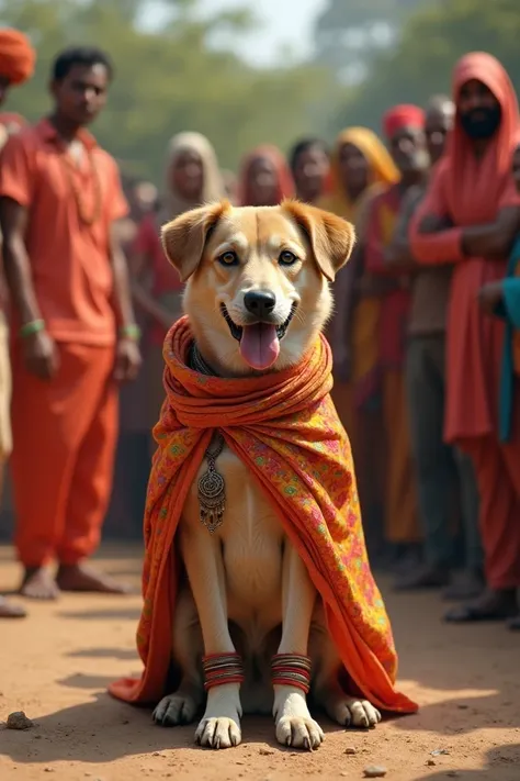 "Create a highly realistic and lifelike scene of a dog sitting on the ground in a human-like posture, wearing a colorful traditional scarf (dupatta) over its head and shoulders, similar to rural or cultural attire. The dogs expression is calm, with its ton...