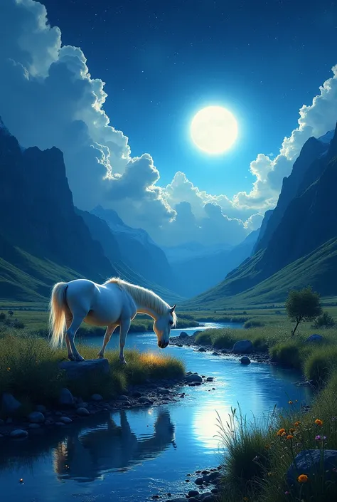 Un ciel nocturne surréaliste avec un soleil lumineux et mystérieux brille au milieu des étoiles, illuminant un paysage magique. En premier plan, une vallée verdoyante avec des collines douces et un ruisseau cristallin qui serpente. Un cheval majestueux, à ...