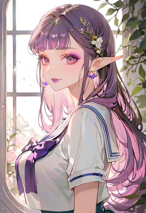 ( best quality by the window, Very Detailed , high resolution:1.2), beautiful girl with flawless face, The cutest girl in the world ,Exquisite makeup,Purple eyes,makeup,eyelashes, Lipstick,(Tsurime:1.2),glitter, seductive smile ,Sailor suit, big boobs, pur...