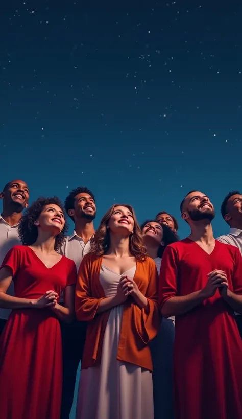 a group of white and black men and women looking up with admiration in their eyes and smiling, wearing red and white clothes, clear and beautiful night