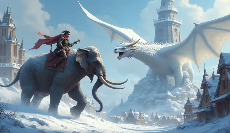 man sitting on an elephant is attacking a white dragon and in the background there is a beautiful village with beautiful houses covered in snow and a big tower in the middle with a snow dragon on top