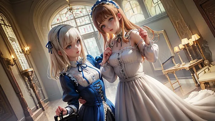  wearing Victorian style clothes {x} wearing a blue and white dress and carrying a handbag, Victorian style costume,  Victorian blue dress , victorian dress,  Rococo dress , Historical Baroque Dresses,  Victorian fashion , Rococo Dress, I have a young girl...