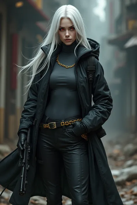  A valorant character fullbody albino woman with long hair red eyes wearing a dark gray turtleneck black outerwear with a long thin yellow chain, wearing black trousers wearing boots holding a gun with a small scar on the eye 