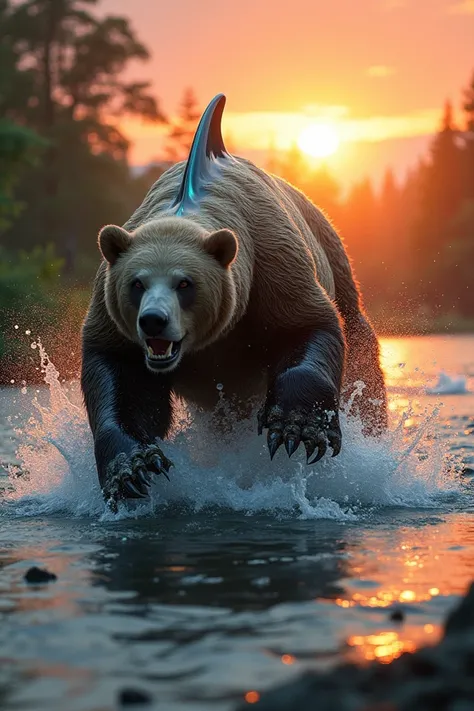 A unique hybrid creature with the powerful body of a grizzly bear and sleek, dolphin-like skin. Its webbed paws and dorsal fin make it equally at home on land and in water. The creature splashes through a river under a vibrant sunrise