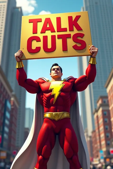 Shazam holding a sign written talk cuts 