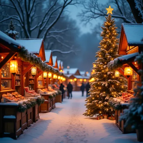 Christmas Market with Lanterns and Trees: A winter market scene with stalls decorated with lanterns and Christmas trees, giving a warm glow in the cold night. "Christmas Winter Celebration 2024" across the market.
