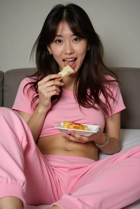 young chinese girl, cute, beautiful, curvy, wearing pink crop hoodie, navel showing, wearing pink sports cargo pants, eating food slowly, enjoying very much, messy food, pov, selfie, hyper realistic, high quality, lying down, wet body , smelly body, sweaty...