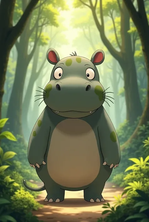  create an image: *Appearance:*

- Robust body ,  about 2 meters tall
- Soft coat ,  light gray with greenish spots
- Big eyes ,  expressive shadows
- Small ears ,  friends
- Flat nose
- Strong back legs , With fingers joined
- Short tail
Studio Ghibli


-...