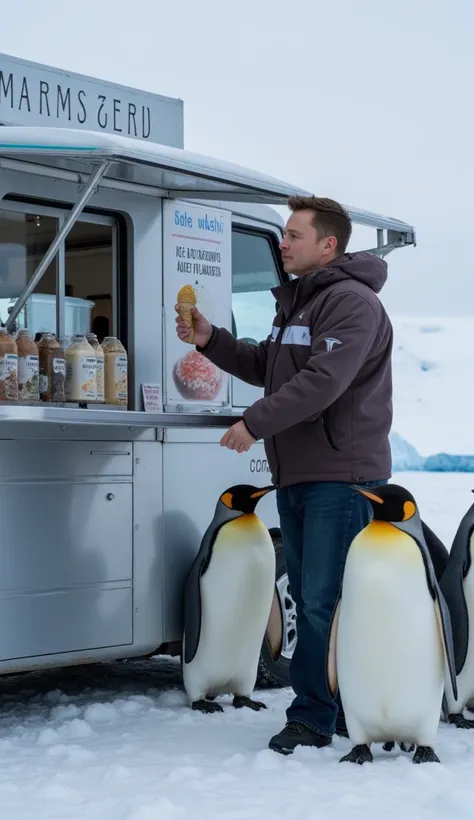 Elon Musk in a futuristic ice cream truck, parked on the icy landscapes of Antarctica. He is serving a cone to a group of curious penguins, wearing a warm jacket with Tesla branding. The scene has a humorous and quirky vibe with ice cream flavors named aft...