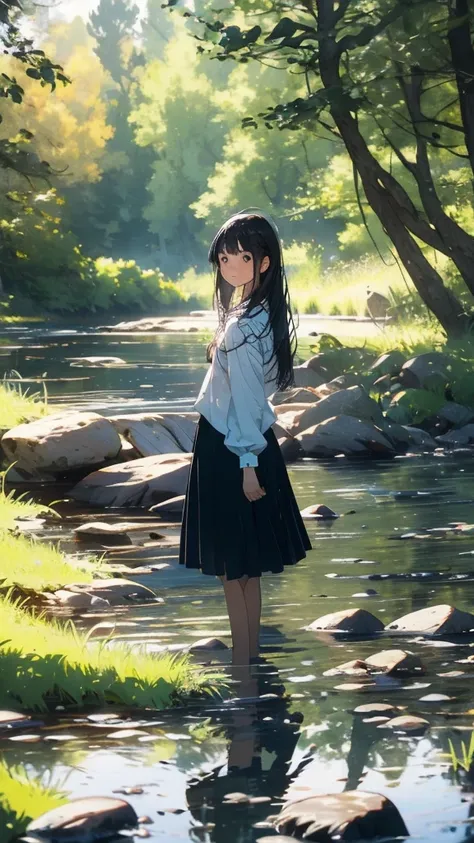 Outdoor, alone, Traditional Media, One girl, nature, scenery, water, Day, lake, shirt, white shirt, Wide Shot, null, reflection, Grass, Black Hair, wood, Painting (Moderate), Are standing,long-range viewï¼waterï¼ (figure:1.0), masterpiece, Highest qualit...