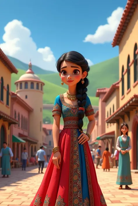 A 3d render of a disney pixar poster with kurdish woman dress, the background village