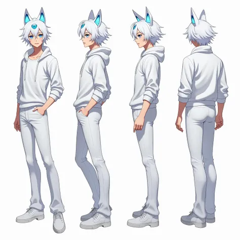 Design an anime male character from the side, front, and back views. He should have blue eyes with an X shape in the irises, white hair with one blue highlight, wolf ears, and a white outfit.