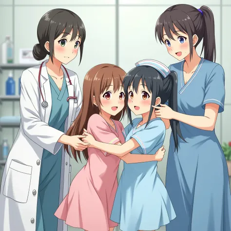  two girls, hospital,Nurse woman,Doctor woman, anime style， head on，whole body,Embrace each other