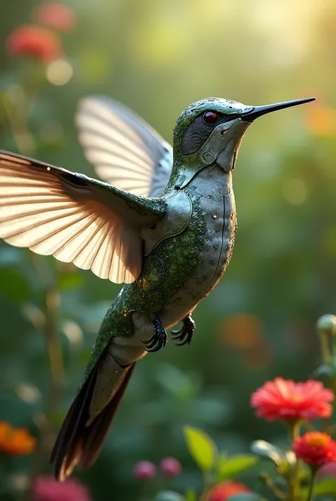 Make a hummingbird with human cyborg armor.