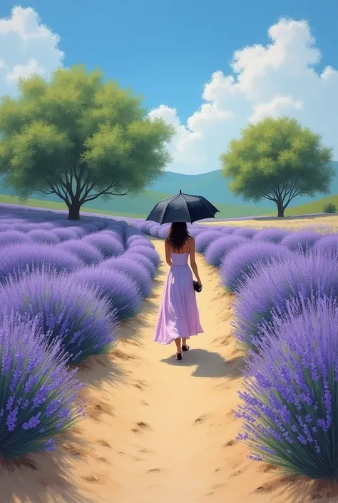 "A woman seen from the back walking along a sandy path surrounded by blooming lavender fields on both sides, holding a black umbrella. She wears a long pastel-colored dress blending softly with the serene atmosphere. The scene is painted in the style of Im...