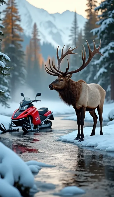 A majestic elk with massive, branching antlers stands firm on a frozen stream, facing a snowmobile parked just off the icy surface. The snowmobile’s vibrant red paint contrasts sharply with the muted whites and greens of the Alpine forest. The elk’s breath...