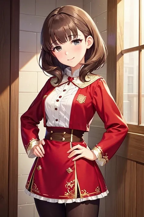  place your hands on your hips no 、 shiny brown hair ,  short hair on the side of the uniform, ( Beautiful Brown Eyes 、Sparkling Eyes, fine grain)、smile、 super detailed eyes 、 It has very detailed faces ,  high definition eyes , COWBOY SHOOTING 、


(master...